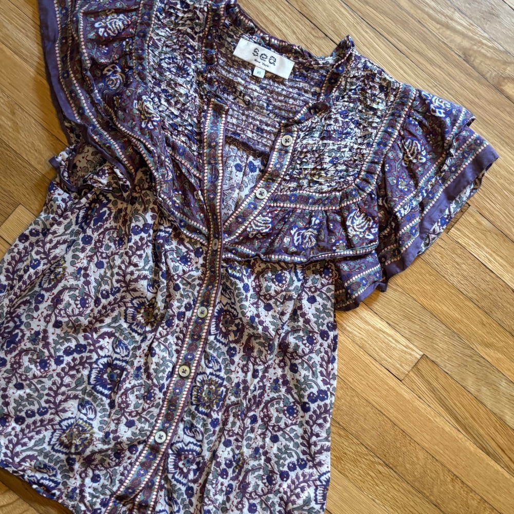 Sea New York Rosita Flutter Top 100% Cotton Floral Paisley Print Women XS Ditzy